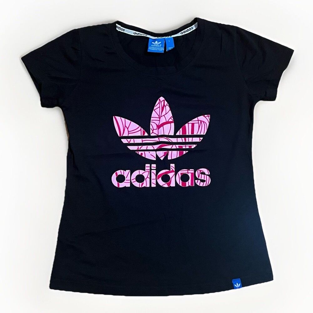 ADIDAS Black Stretch Activewear T-shirt Pink Fuzzy Logo Ladies Large